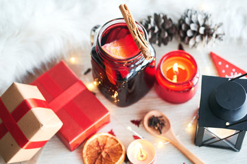 Christmas composition with glass of hot mulled wine