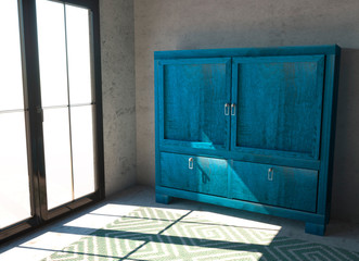 Mobile armadio blu, madia, credenza. Stanza con finestra e tappeto ed una credenza blu, 3d rendering. Interior design © Naeblys