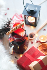 Christmas composition with glass of hot mulled wine