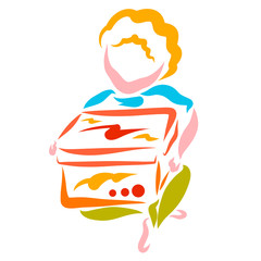 A little boy is sitting with a big box in his hands, a gift or purchase