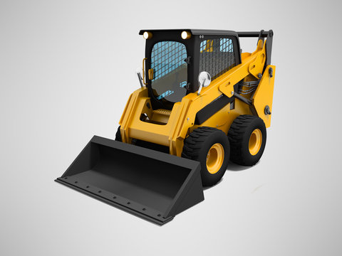 Yellow mini loader with small bucket 3d render on gray background with shadow