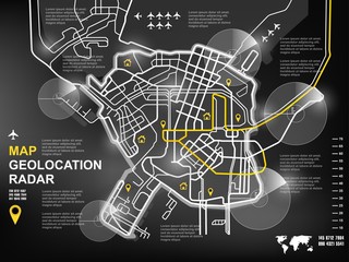 Geolocation radar screen interface, gps technology screen, location on the map by radar, navigator, quest, search by map