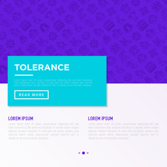 Tolerance concept with thin line icons: gender, racial, national, religious, sexual orientation, educational, interclass, for disability, respect, human rights, democracy. Vector illustration.