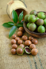 Macadamia nuts on sacks in natural light