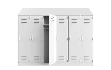 metal cabinets. Lockers in school or gym with silver handles and locks. Safe box with doors, cupboard, compartment. 3d illustration
