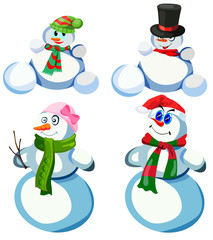 Set of four snowmen in various headdresses and in different scarves
