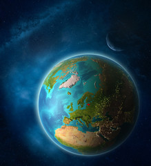 Estonia from space on planet Earth in space with Moon and Milky Way. Extremely fine detail of planet surface.