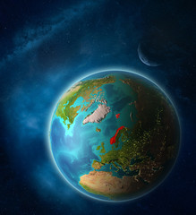 Norway from space on planet Earth in space with Moon and Milky Way. Extremely fine detail of planet surface.