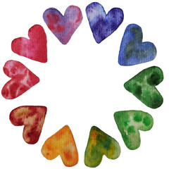  Circle of watercolor hearts, watercolor with a bright texture