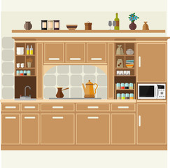 Vector kitchen set. Comfortable and cozy with kitchen utensils, furniture and appliances.