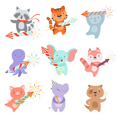 Fototapeta premium Cute animal characters with party poppers set, design template can be used for New Year or Christmas, Birthday card, banner, poster, holiday decoration vector Illustration