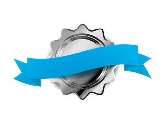 Silver label luxury badge with blue tape on white