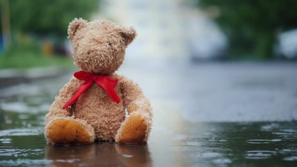 Lonely teddy bear sits in a puddle in the rain. Slow motion video