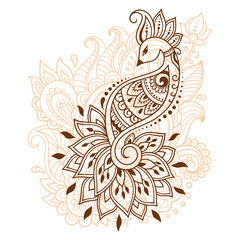 Mehndi flower pattern with peacock for Henna drawing and tattoo. Decoration in ethnic oriental, Indian style.