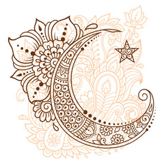 Religious Islamic symbol of the Star and the Crescent with flower in mehndi style. Decorative sign for making and tattoos. Eastern Muslim signifier.