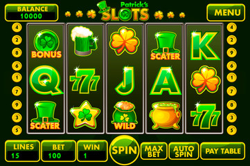 Vector Interface slot machine style St.Patrick s in green colored. Complete menu of graphical user interface and full set of buttons and icons for classic casino games creation.