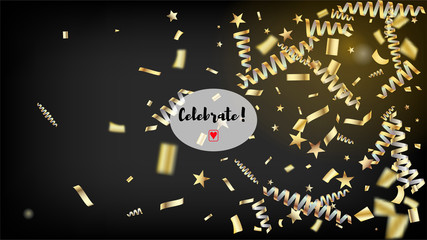 Modern New Year Confetti Realistic Falling Golden Tinsel.  Horizontal Dotted Particles Background. Cool Elegant Christmas, New Year, Birthday Party Holiday Texture. New Year Confetti Golden Tinsel