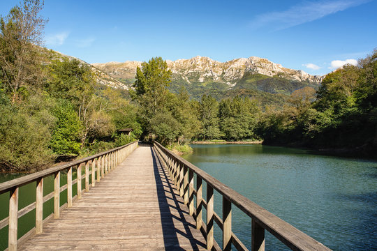 Bridge in Reservoir of Valdemurio, Senda del Oso, Asturias, Spain