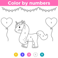 Obraz na płótnie Canvas Number coloring page. Cute cartoon unicorn with balloons. Valentines day. Educational game for preschool kids. Vector illustration.