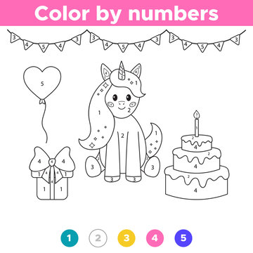Number coloring page. Unicorn`s birthday party. Educational game for preschool kids. Vector illustration.