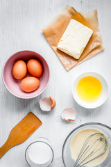 cooking pancake on white background top view ingredients for mak