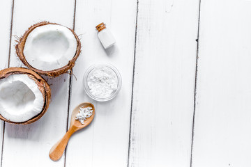organic cosmetics concept with coconut on table background top v