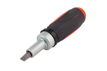 One ratchet screwdriver with orange and black plastic with rubber handle and bit isolated on white background