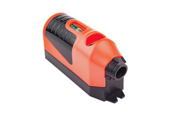 Naklejka premium One red and black plastic laser level with water bubble for horizontal or vertical measure isolated on white background