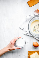 cooking pancake on white background top view ingredients for mak