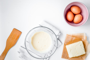 cooking pancake on white background top view ingredients for mak