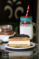 Milk mousse cake served with milkshake