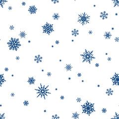 Vector seamless pattern with blue snowflakes on a white background.