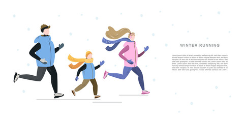 Family running in winter cold season. Handdrawn vector illustration. Banner template