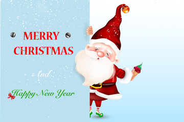 Happy smiling Santa Claus standing behind a blank sign, showing a big ltht blank sign.Christmas card.