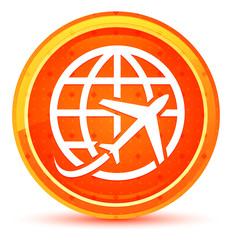 Plane world icon natural orange round button