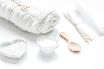 cosmetic set in body care consept on white table background