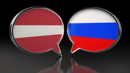Fototapeta premium Latvia and Russia flags with Speech Bubbles. 3D illustration