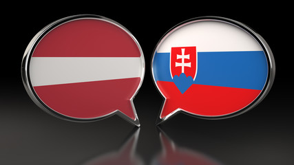 Fototapeta premium Latvia and Slovakia flags with Speech Bubbles. 3D illustration