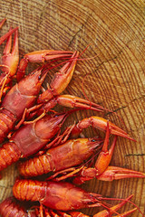 Crawfish cooked and served on wooden background