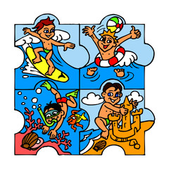 summer sports by the sea surfing swimming diving puzzle clipart
