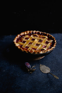 Strawberry pie on table