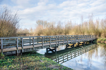 Wooden pedestrian bridge as part of a hiking trail through the Ossenwaard nature reserve near Deventer, the Netherlands, reflecting in the calm water of a new channel of the river IJssel.