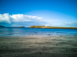 Sunset over the famous Dinosaur bay at Staffin on the isle of Skye
