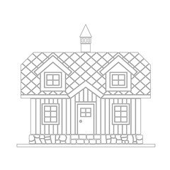 Fototapeta premium Traditional wooden house with a residential attic. The roof is covered with multicolored tiles. Vector illustration of white silhouette.