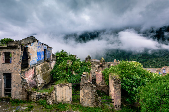 Ruins of the abandoned ghost town Gairo Vecchio, Sardinia, Italy