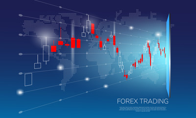 Forex Trading on world map background vector illustration. Candle Stick chart  for forex trade