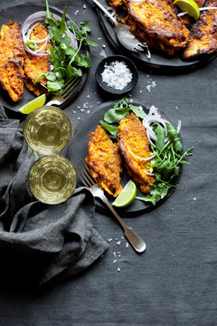 Overhead View Of Fried Fish Served On Plate