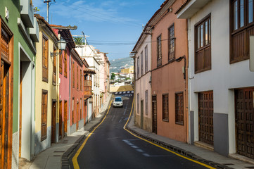 La Orotava old town tiny street with car