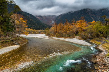 Azusa River seen from Kappabashi Bridge in Autumn in Kamikochi, Japanese Alps, Chubu Sangaku National Park