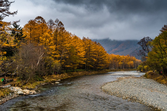 Azusa River in Autumn in Kamikochi, Japanese Alps, Chubu Sangaku National Park